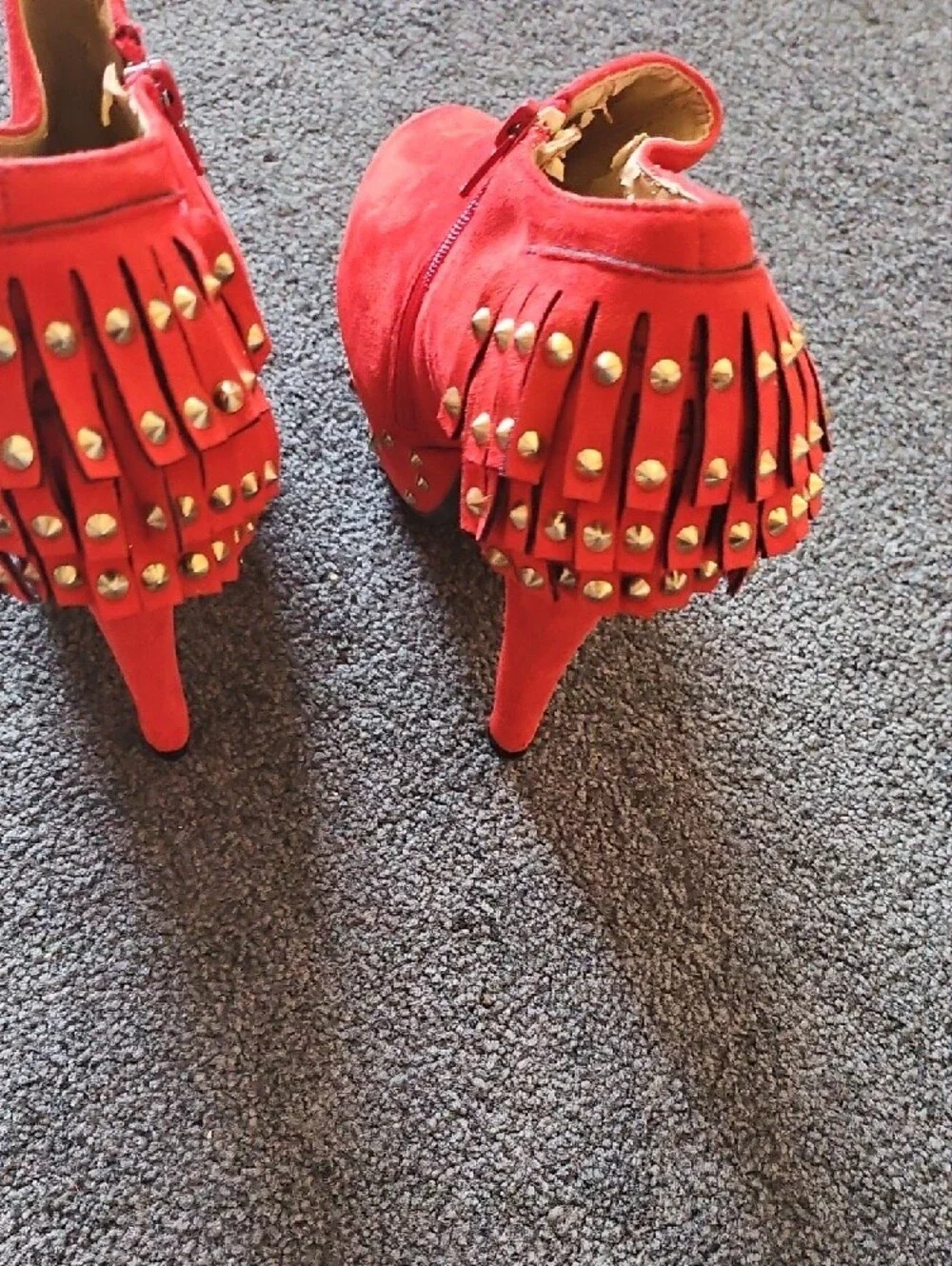 Red Studded Fringe Platform Ankle Heels - Women